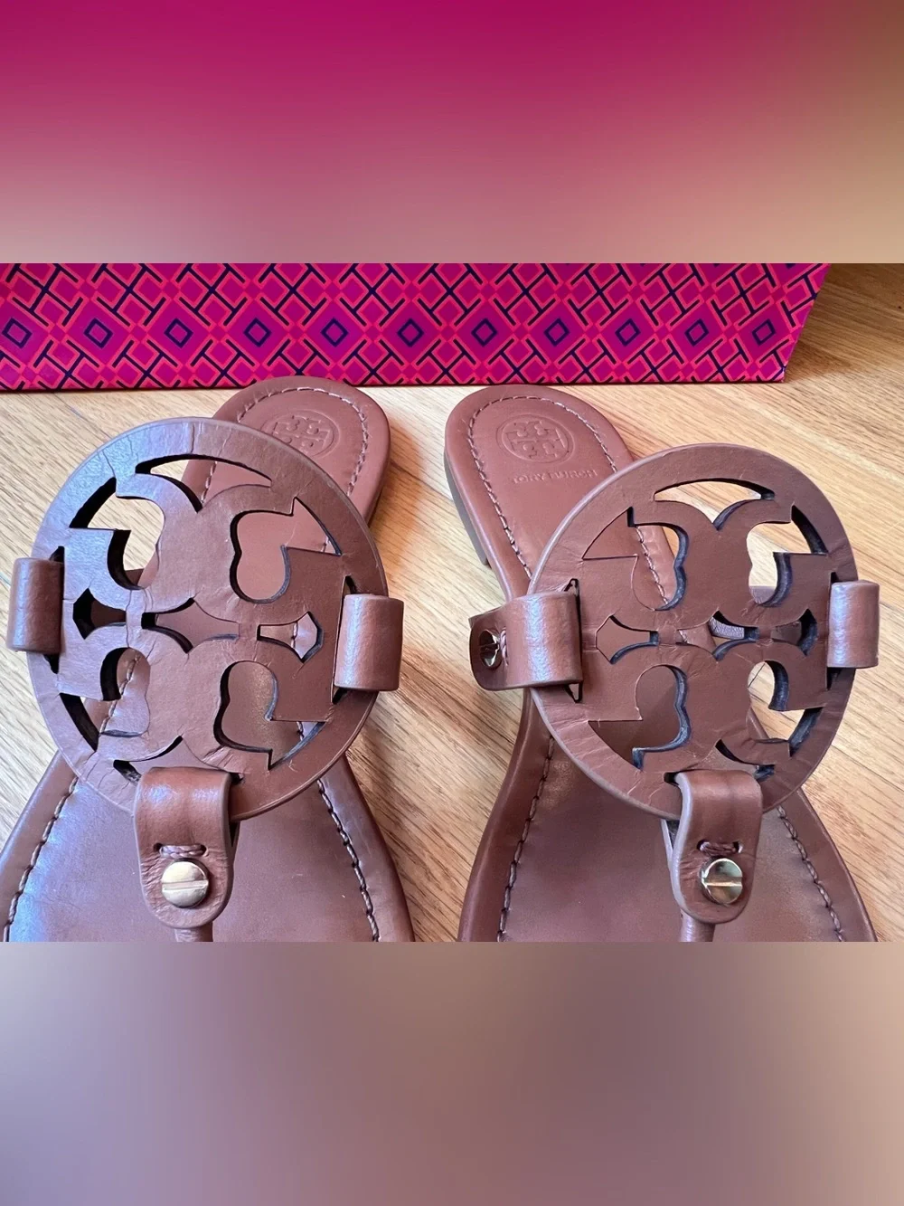 Tory Burch Vintage Vachetta Dark Tan Light Broen Leather Miller Sandals